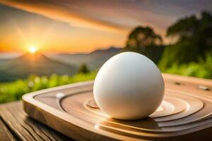 un Oeuf sur une en bois plateau avec une le coucher du soleil dans le Contexte. généré par ai photo