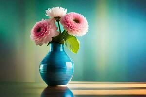 une bleu vase avec rose fleurs séance sur une tableau. généré par ai photo