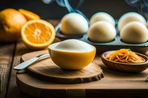 des œufs dans une bol avec des oranges et autre ingrédients. généré par ai photo