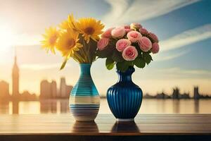 deux des vases avec fleurs sur une table dans de face de une ville ligne d'horizon. généré par ai photo