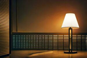 une lampe est séance sur une table dans de face de une mur. généré par ai photo