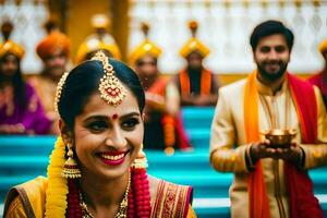 une magnifique la mariée sourit pour le caméra. généré par ai photo