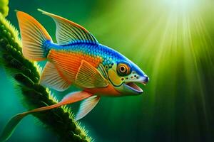 une poisson avec brillant couleurs est sur une vert plante. généré par ai photo