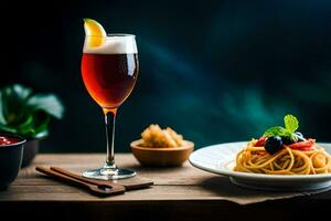 spaghetti et une verre de rouge du vin. généré par ai photo