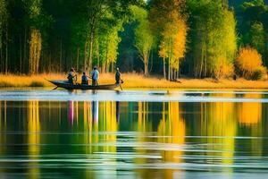 gens dans une bateau sur une Lac avec des arbres et des arbres. généré par ai photo