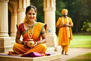 une magnifique Indien la mariée et jeune marié dans traditionnel tenue. généré par ai photo