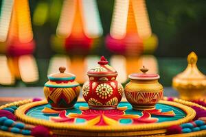 Trois coloré des pots sur une table avec bougies. généré par ai photo