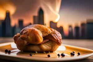 une poulet sur une assiette avec une ville dans le Contexte. généré par ai photo