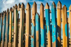 une en bois clôture avec peint bleu et vert rayures. généré par ai photo