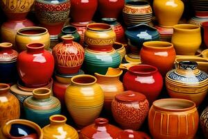 beaucoup coloré poterie des vases sont affiché dans une afficher. généré par ai photo