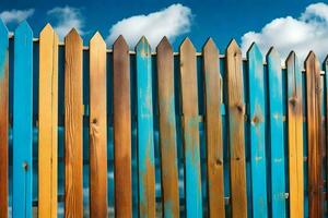 une en bois clôture avec bleu, Jaune et rouge peindre. généré par ai photo