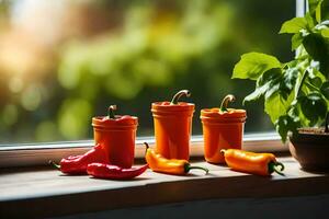 Orange poivrons dans pots sur une rebord de fenêtre. généré par ai photo