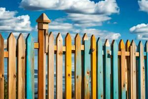 une en bois clôture avec coloré des postes. généré par ai photo