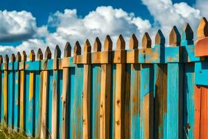 une en bois clôture avec bleu, vert et rouge peindre. généré par ai photo