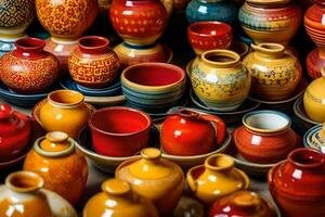 beaucoup coloré poterie des vases et boules sont affiché. généré par ai photo