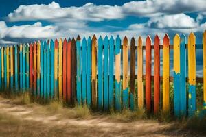 une coloré clôture avec une bleu ciel et des nuages. généré par ai photo