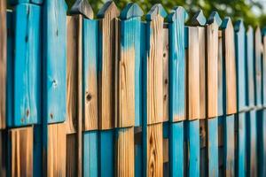 une en bois clôture avec bleu peindre sur il. généré par ai photo