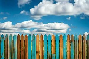 une en bois clôture avec bleu ciel et des nuages dans le Contexte. généré par ai photo