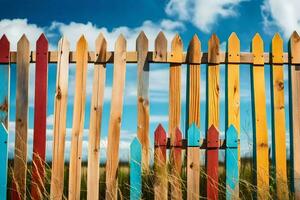 une coloré clôture avec une bleu ciel dans le Contexte. généré par ai photo