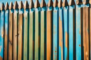 une en bois clôture avec bleu peindre sur il. généré par ai photo