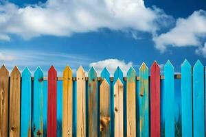 coloré en bois clôture avec bleu ciel et des nuages. généré par ai photo