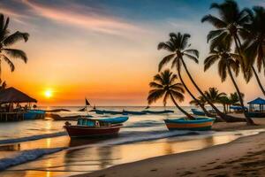 bateaux sur le plage à le coucher du soleil. généré par ai photo