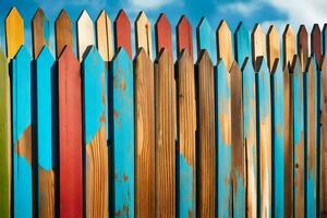 une coloré clôture avec beaucoup différent coloré en bois des postes. généré par ai photo