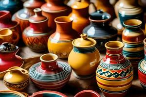 beaucoup coloré poterie des vases sont affiché sur une tableau. généré par ai photo