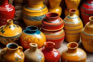 coloré poterie des vases dans une magasin. généré par ai photo