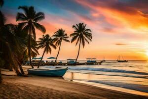 une bateau est assis sur le plage à le coucher du soleil. généré par ai photo