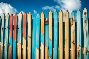 une en bois clôture avec coloré peint des postes. généré par ai photo