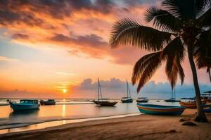 bateaux sur le plage à le coucher du soleil. généré par ai photo