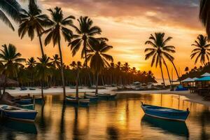 bateaux sont amarré à le plage pendant le coucher du soleil. généré par ai photo