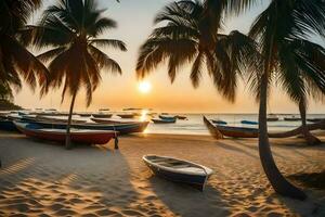 bateaux sur le plage à le coucher du soleil avec paume des arbres. généré par ai photo