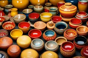 une grand collection de coloré poterie sur une tableau. généré par ai photo