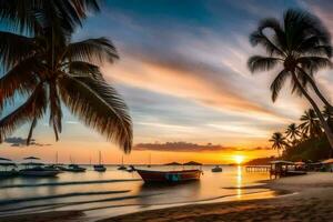 une bateau est assis sur le plage à le coucher du soleil avec paume des arbres. généré par ai photo