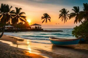 une bateau est assis sur le plage à le coucher du soleil. généré par ai photo