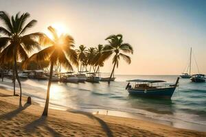 une bateau est amarré sur le plage à le coucher du soleil. généré par ai photo