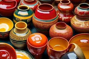 une grand collection de coloré céramique vases. généré par ai photo