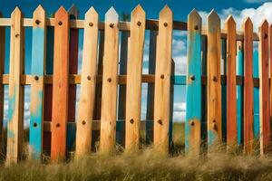 une coloré en bois clôture avec bleu ciel dans le Contexte. généré par ai photo