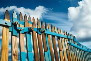 une en bois clôture avec bleu et blanc poteaux. généré par ai photo