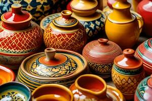 beaucoup coloré poterie des vases et boules sont affiché. généré par ai photo