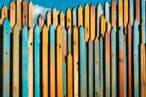 coloré en bois clôture avec bleu ciel Contexte. généré par ai photo