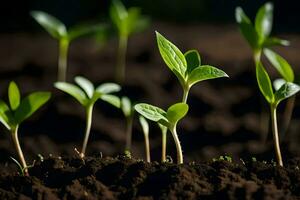 une groupe de Jeune les plantes croissance dans le saleté. généré par ai photo