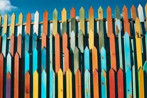 une coloré clôture avec beaucoup différent coloré en bois des postes. généré par ai photo