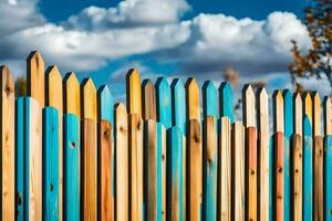 une coloré en bois clôture avec bleu ciel et des nuages. généré par ai photo