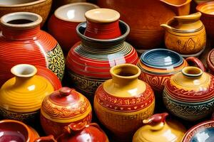 beaucoup coloré poterie des vases sont affiché sur une tableau. généré par ai photo