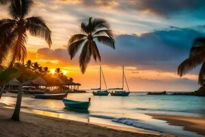 une magnifique plage avec paume des arbres et bateaux à le coucher du soleil. généré par ai photo