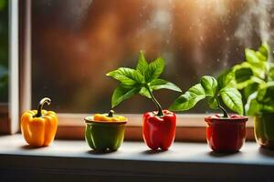 cinq poivre les plantes dans des pots sur une fenêtre seuil. généré par ai photo