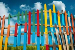 une coloré clôture avec beaucoup en bois des bâtons. généré par ai photo